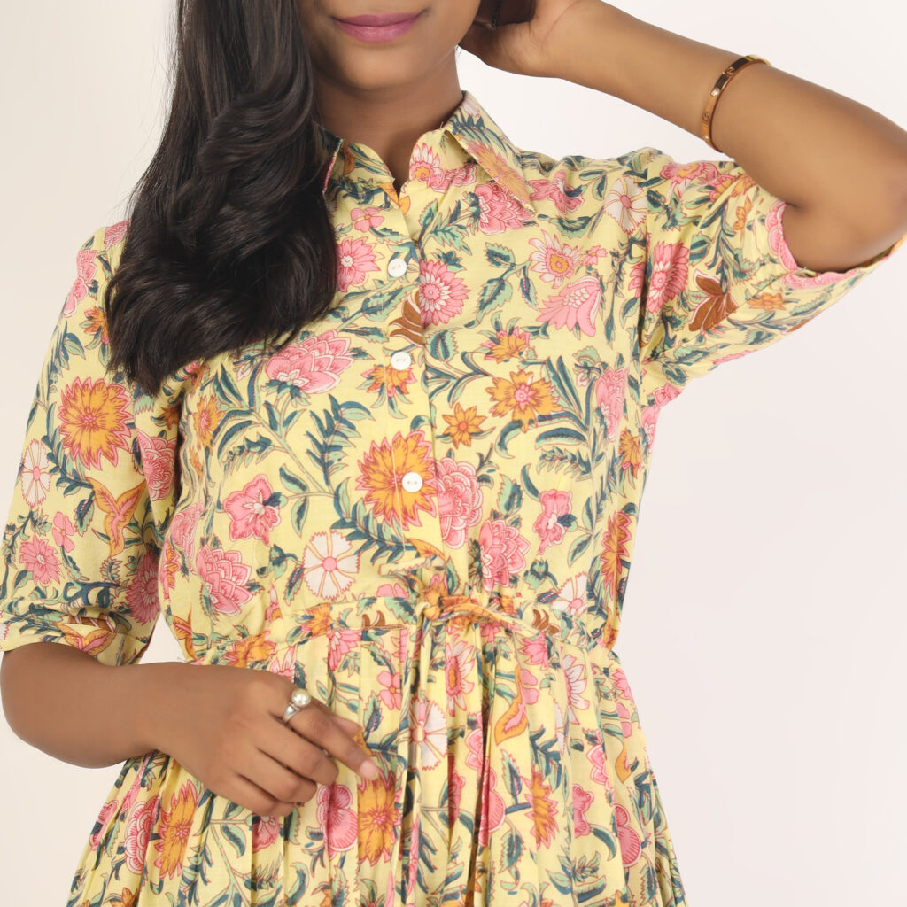 Multicolor floral cotton shirt dress fabric print closeup breathable cotton