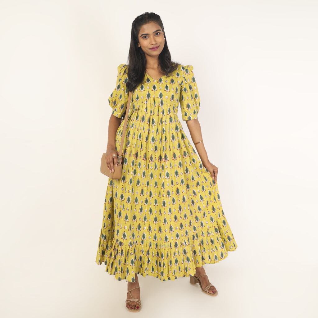 Casual mustard leafy cotton flare dress ready made India