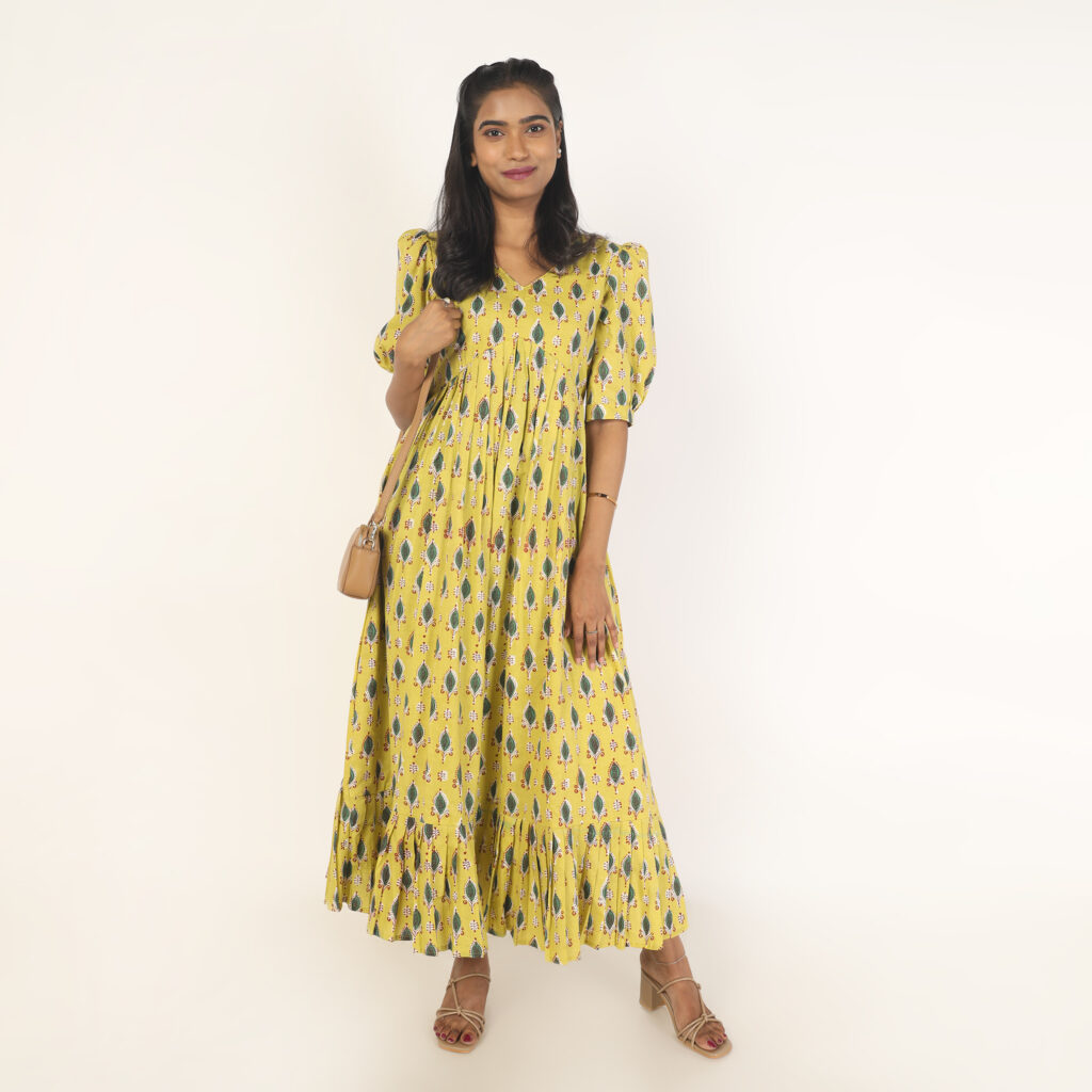 Mustard leafy cotton flare dress ready made pure breathable cotton front view
