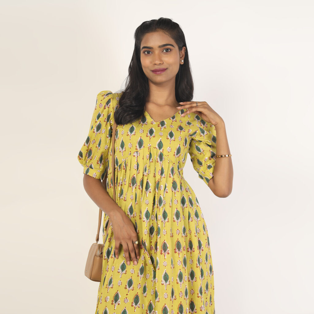 Soft breathable mustard leafy cotton flare dress casual wear