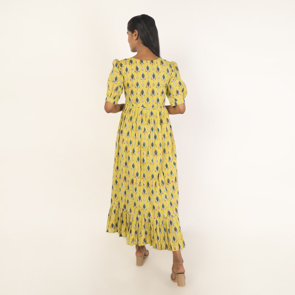 Mustard leafy cotton flare dress back view ready made