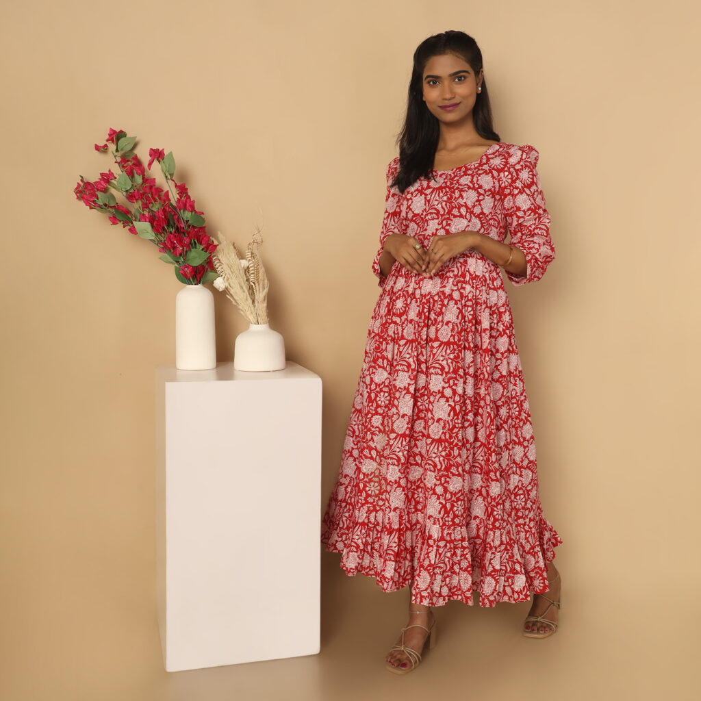Red floral cotton maxi dress comfortable everyday casual wear
