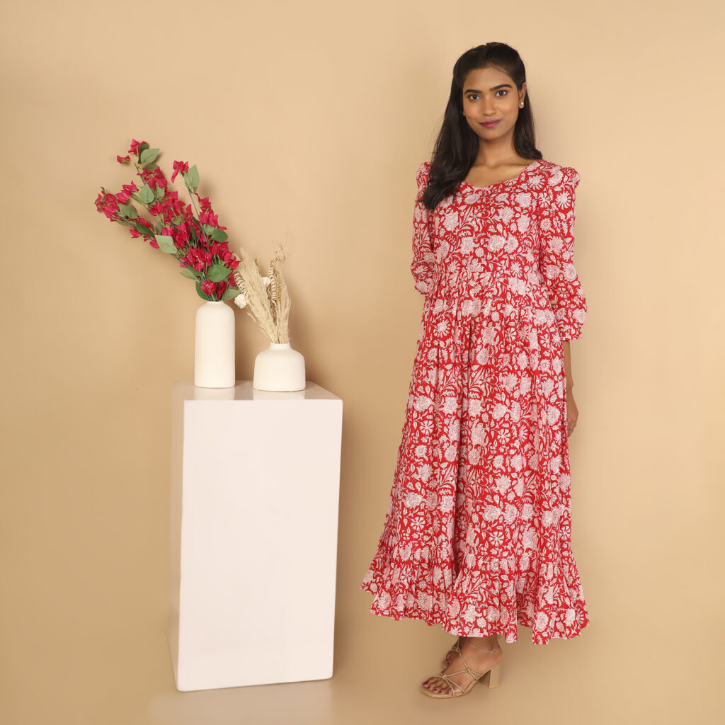 Casual red floral cotton maxi dress ready made India