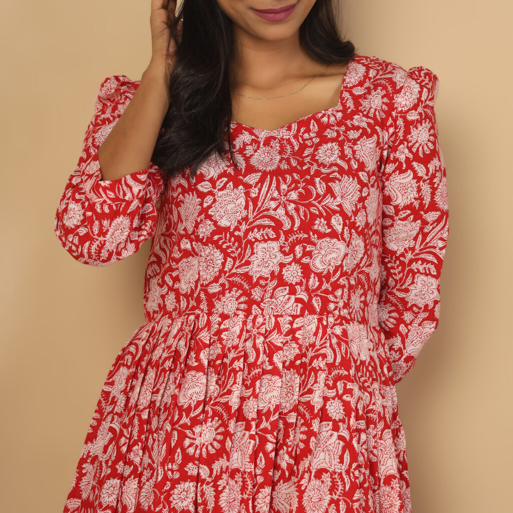 Soft breathable red floral cotton maxi dress casual wear