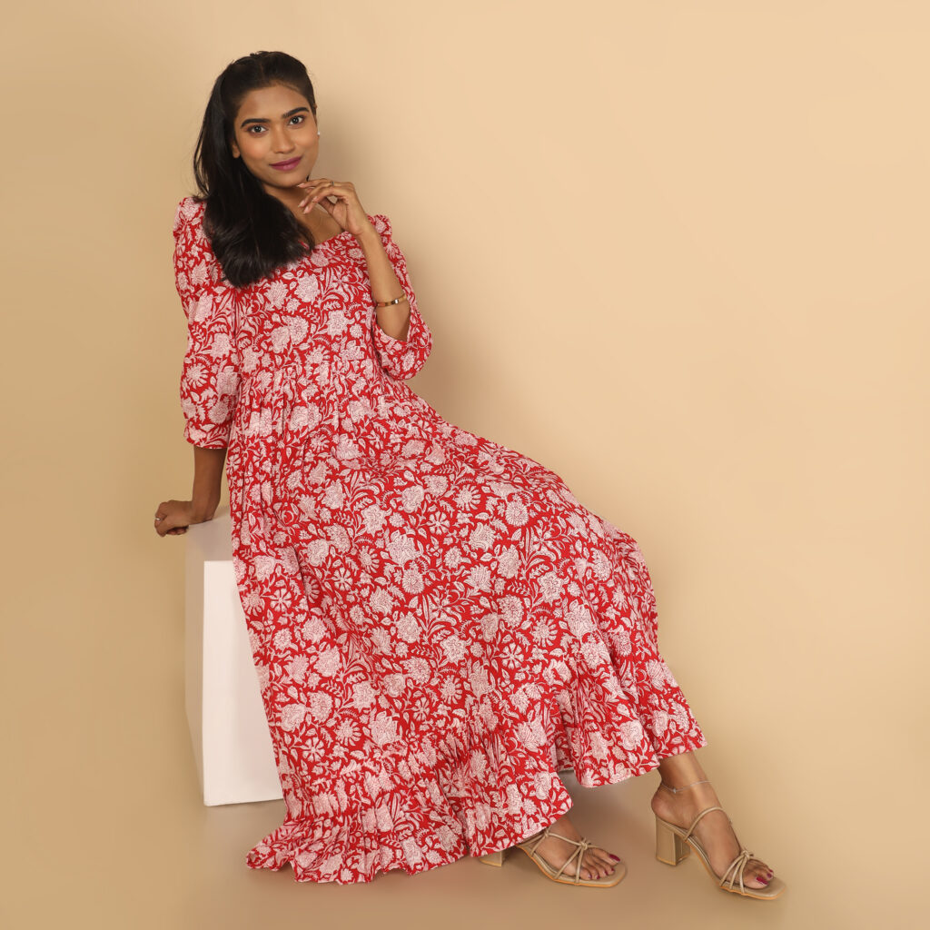 Casual red floral cotton maxi dress ready made India1