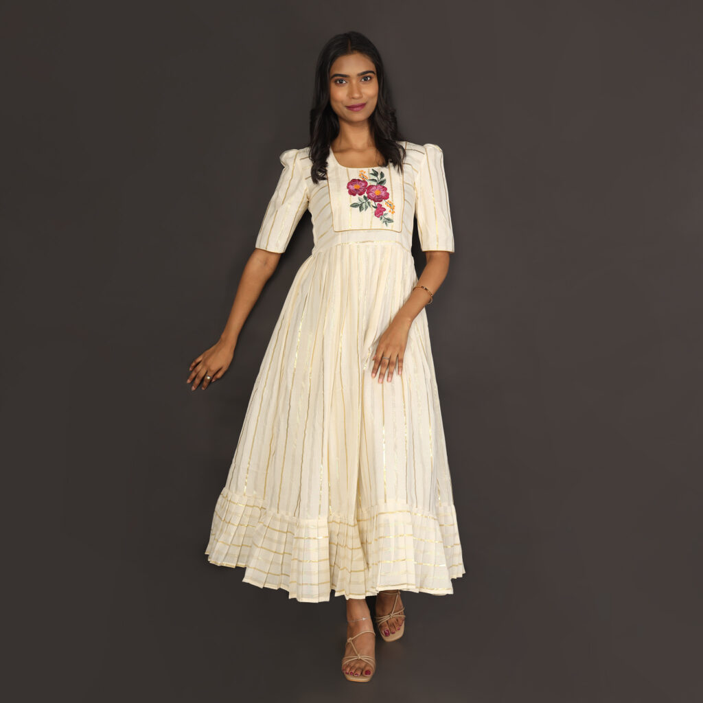 Ivory floral embroidered dress ready made front view breathable fabric
