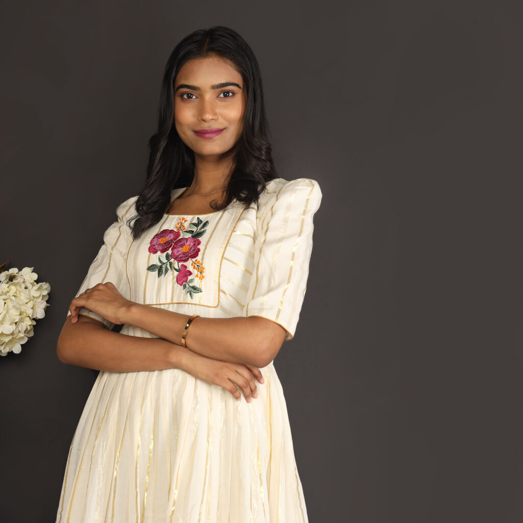 Ivory floral embroidered dress comfortable everyday wear