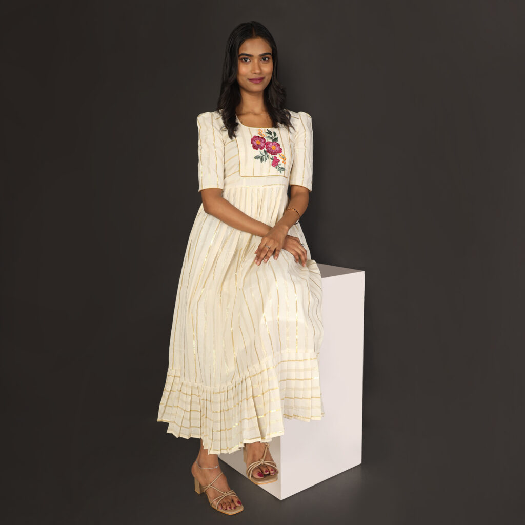 Casual ivory floral embroidered dress ready made India