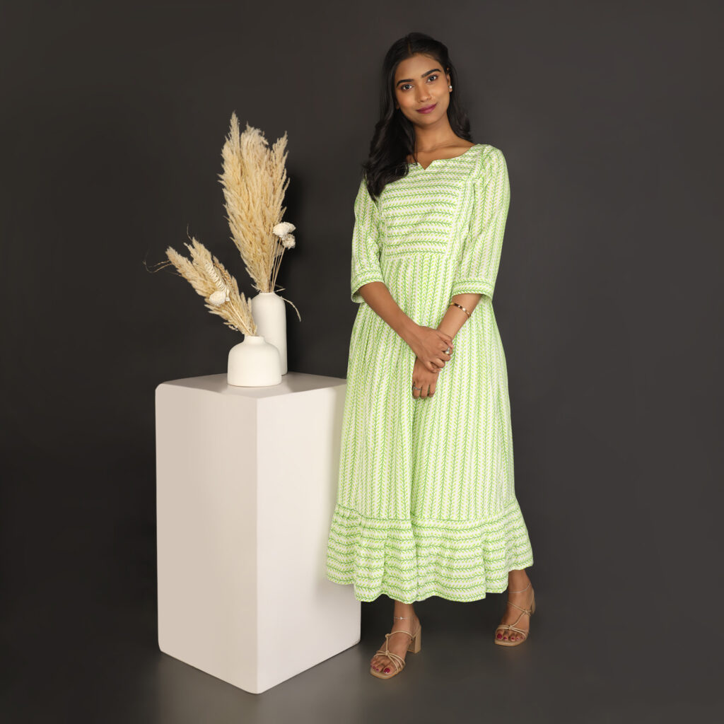 Light green handblock cotton dress summer fashion casual wear