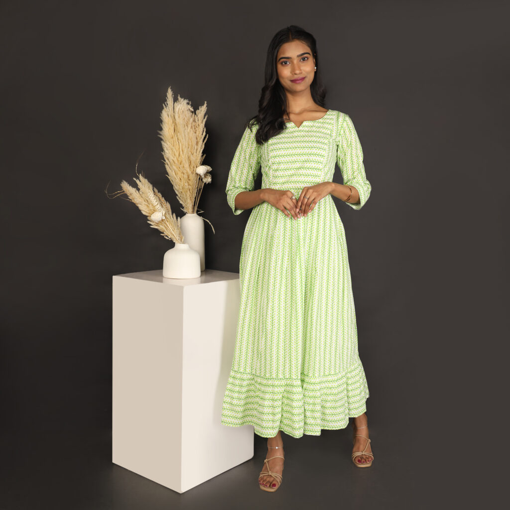 Soft breathable light green handblock cotton dress casual wear