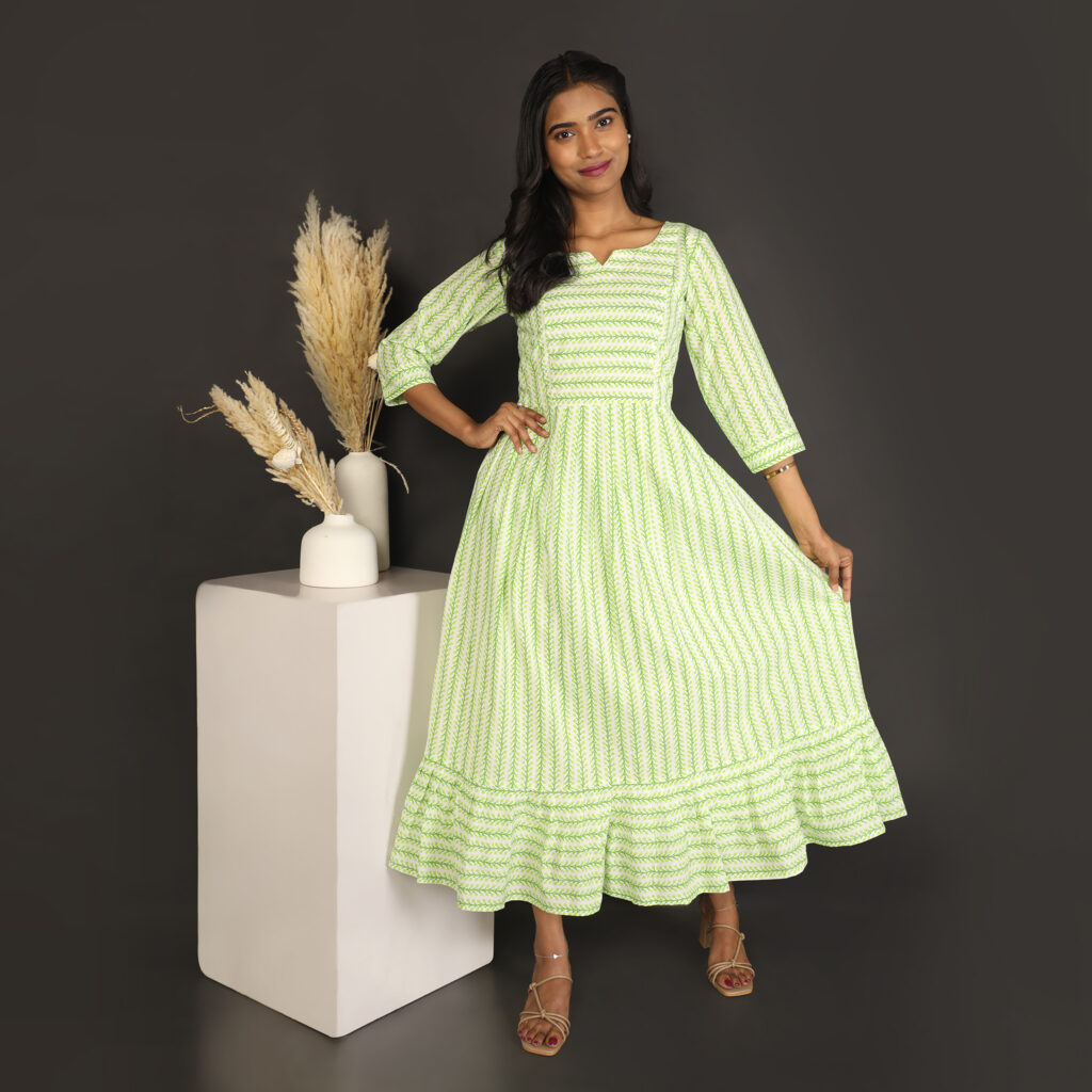 Light green handblock cotton dress ready made pure cotton casual dress front view