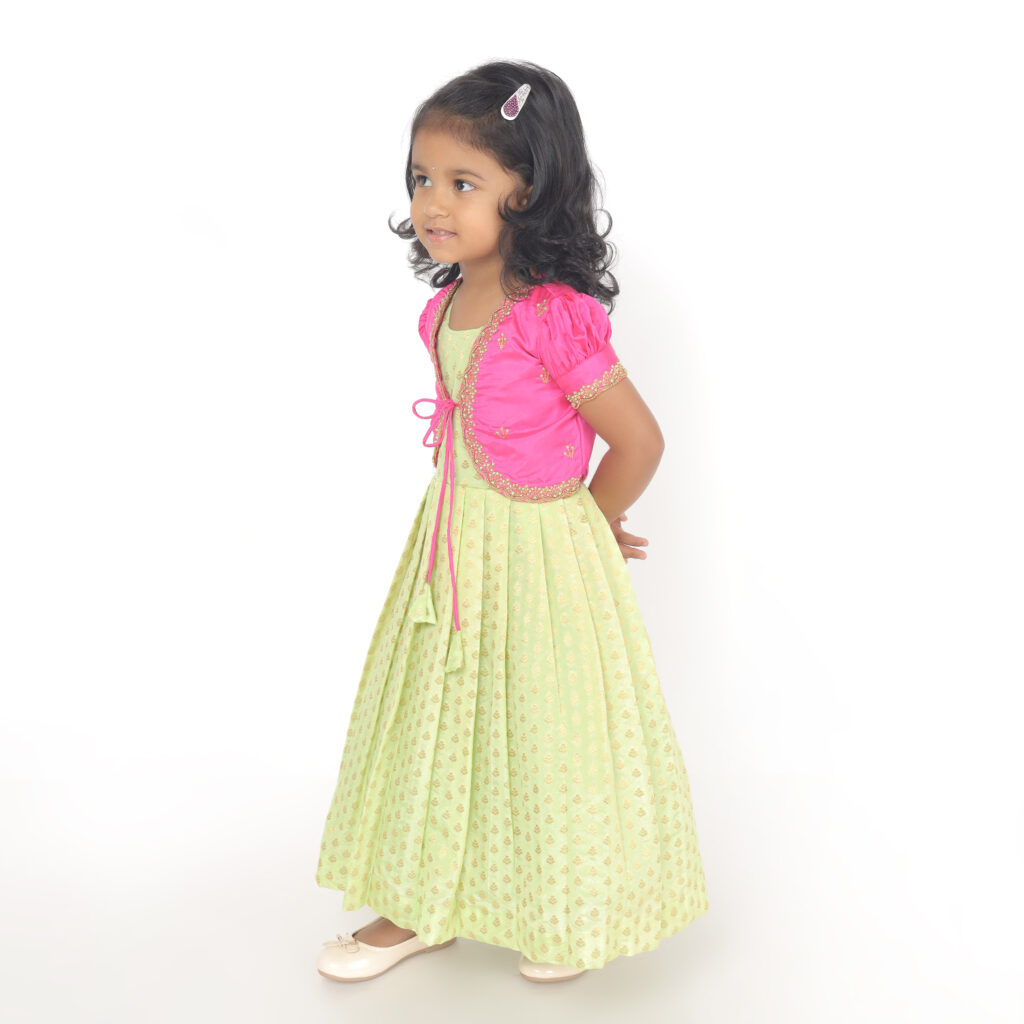 Yazh Nila pink bloom girls ethnic dress with contrast hand embroidered Aari jacket