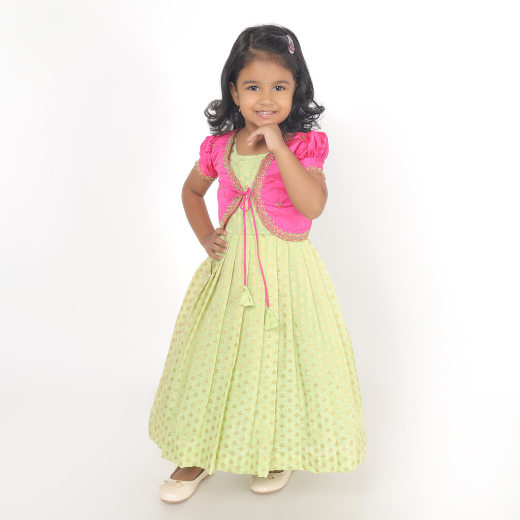 Girls ethnic dress in brocade butta silk with hand embroidered Aari jacket front view