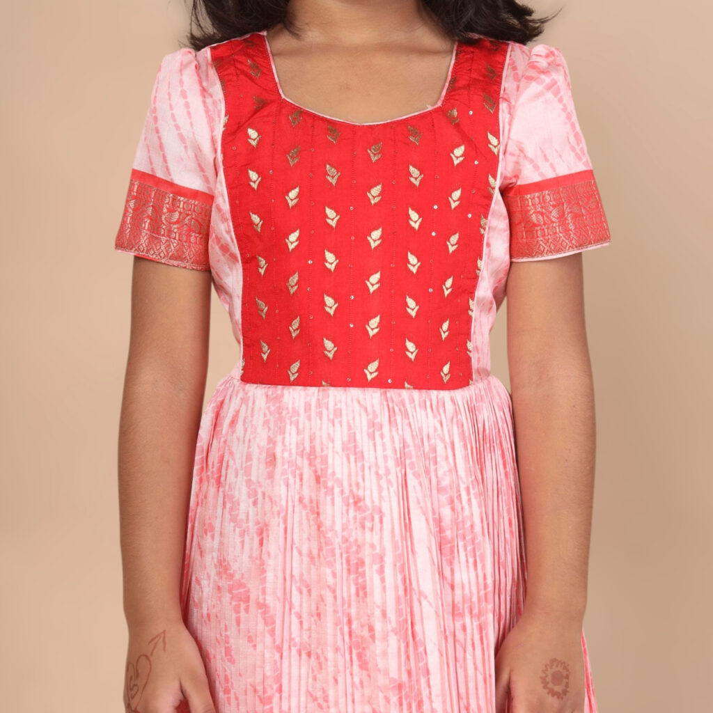 style shot Arvi peachish orange festive long kids frock ready stock