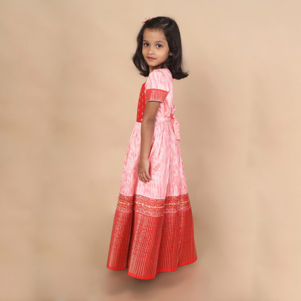 Arvi peachish orange festive long kids frock full look limited stock