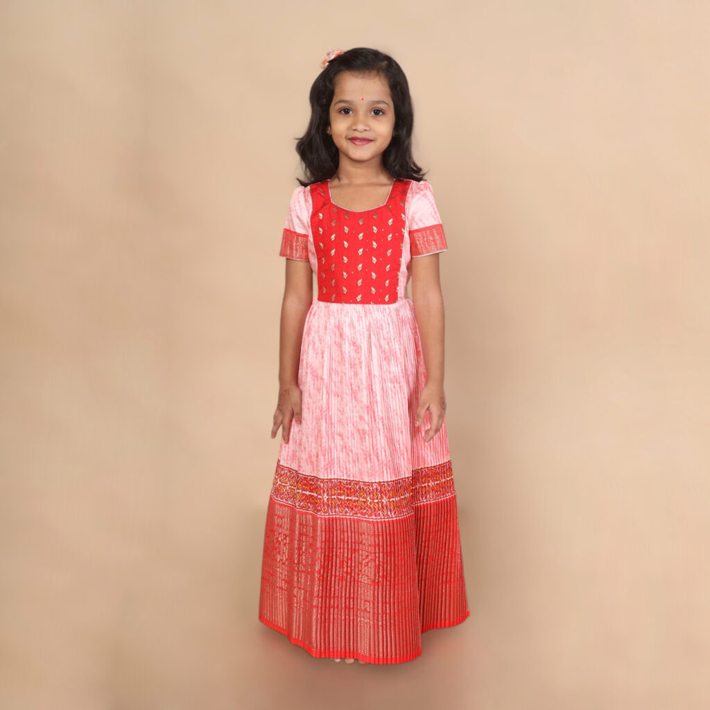 front view Arvi peachish orange festive long kids frock ready stock