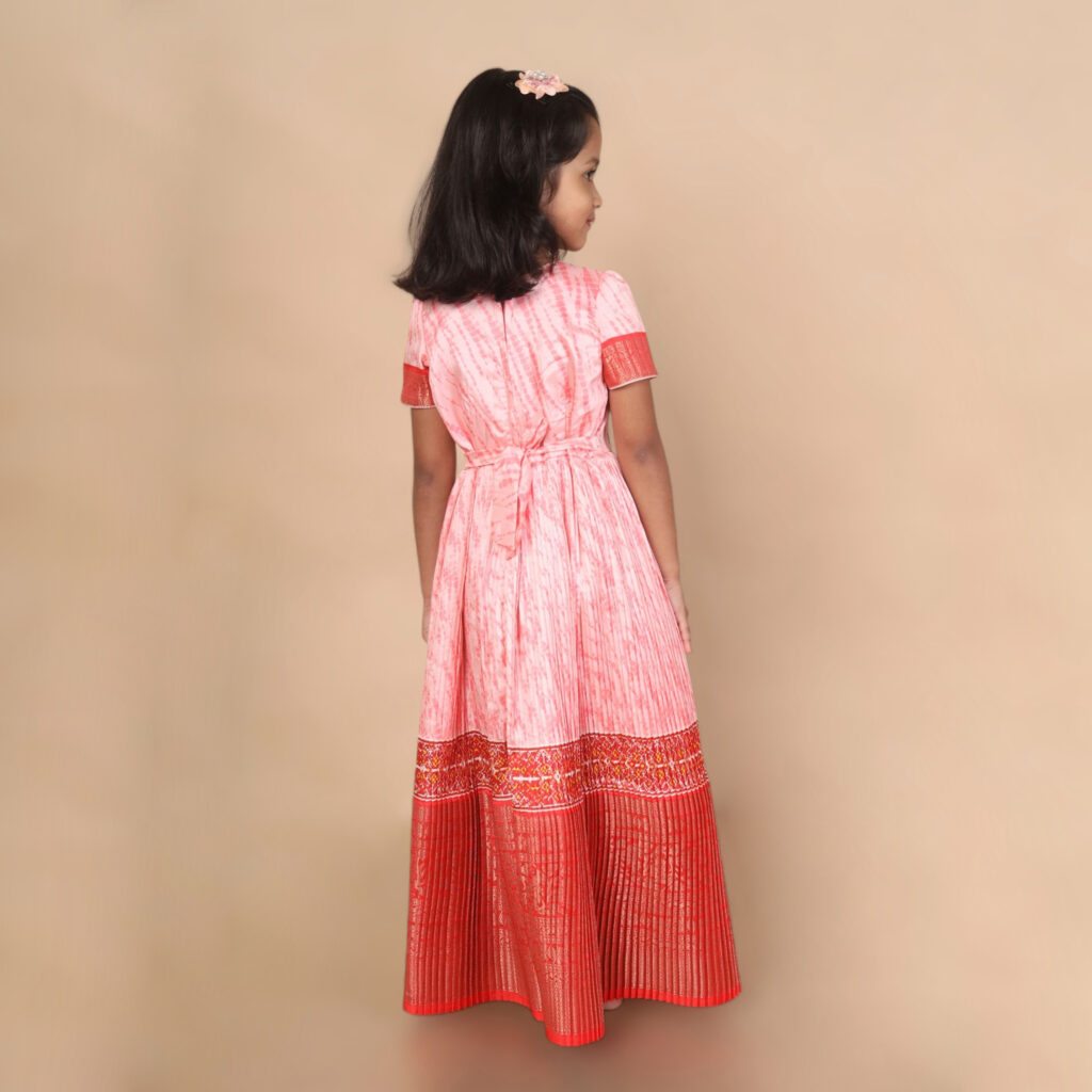 back view Arvi peachish orange festive long kids frock ready stock