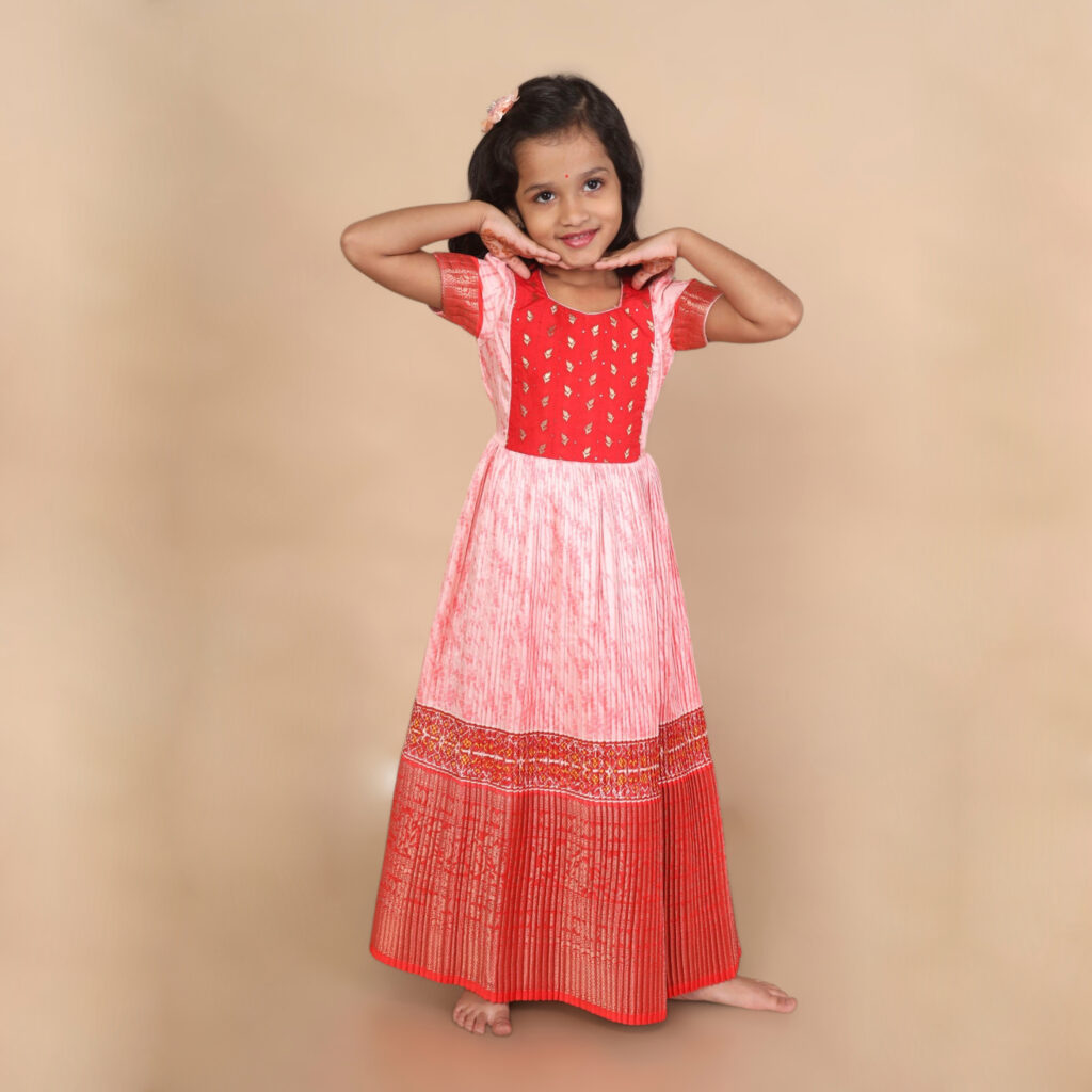 Arvi limited stock peachish orange festive long kids frock immediate dispatch