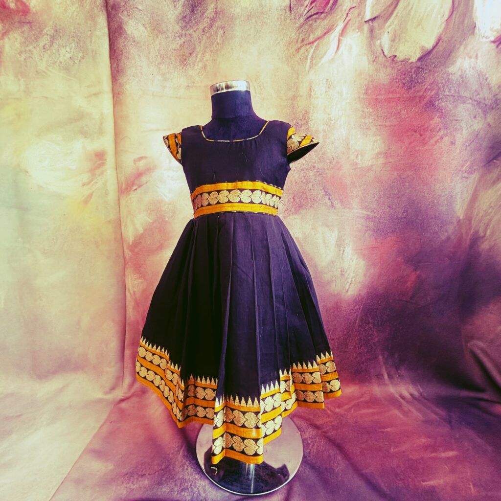 Arvi limited stock black with mustard zari kids frock immediate dispatch