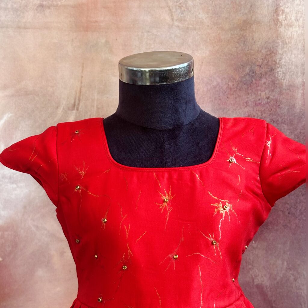 Arvi scarlet red pleated kids frock ready stock limited sizes immediate dispatch