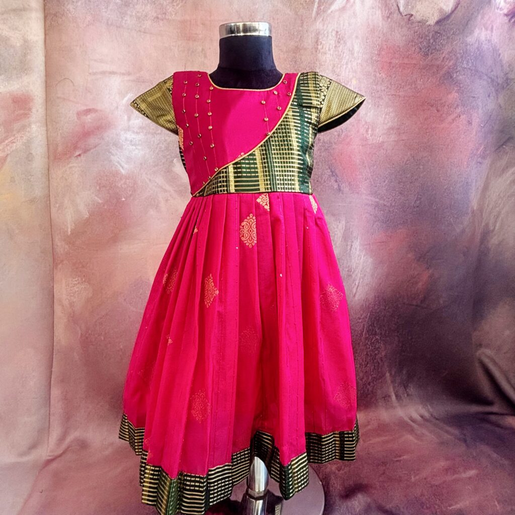 Arvi limited stock peach crepe kids frock immediate dispatch