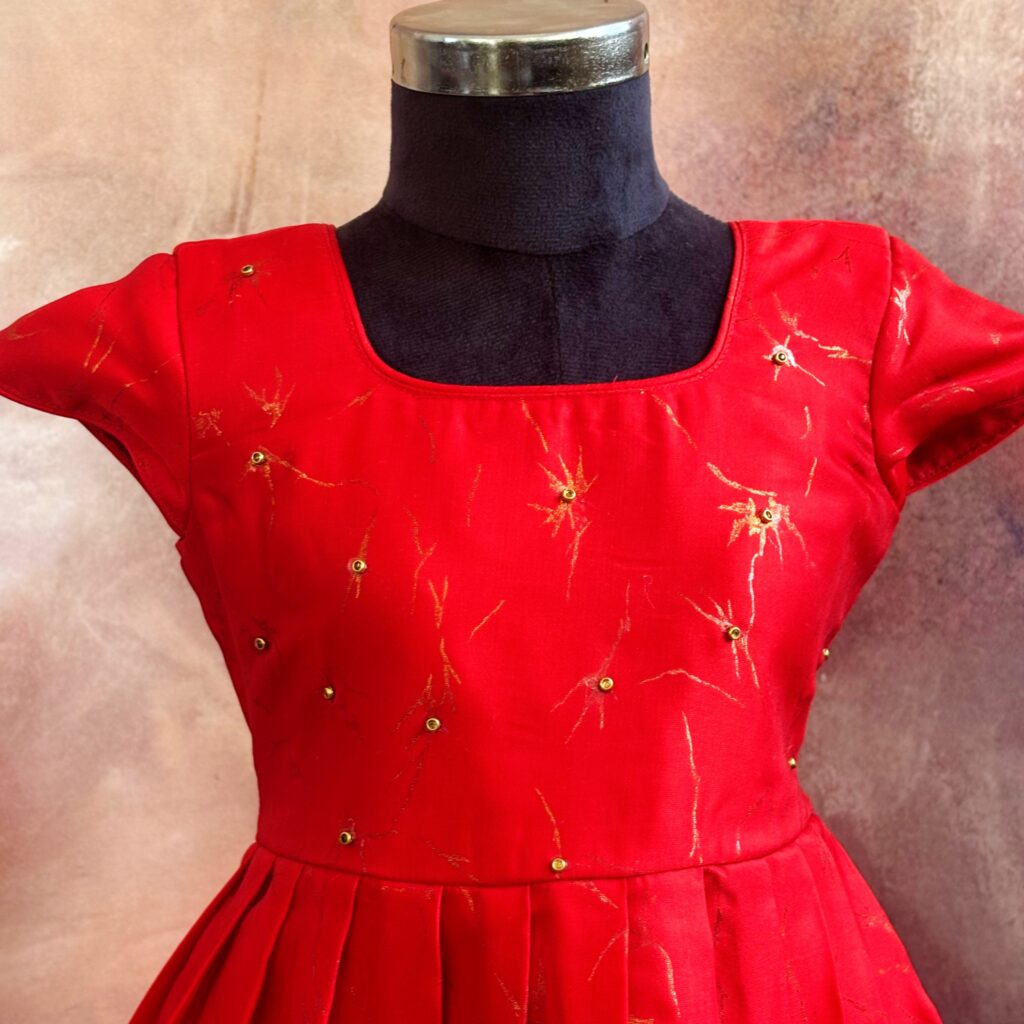 style shot Arvi scarlet red pleated kids frock ready stock