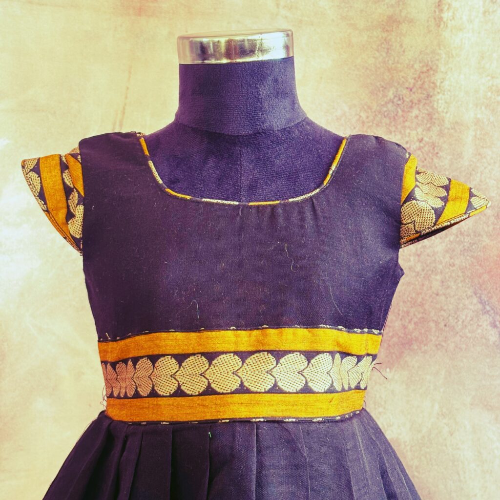 style shot Arvi black with mustard zari kids frock ready stock