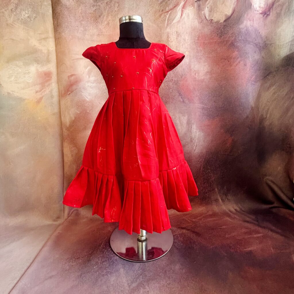 Arvi scarlet red pleated kids frock full look limited stock