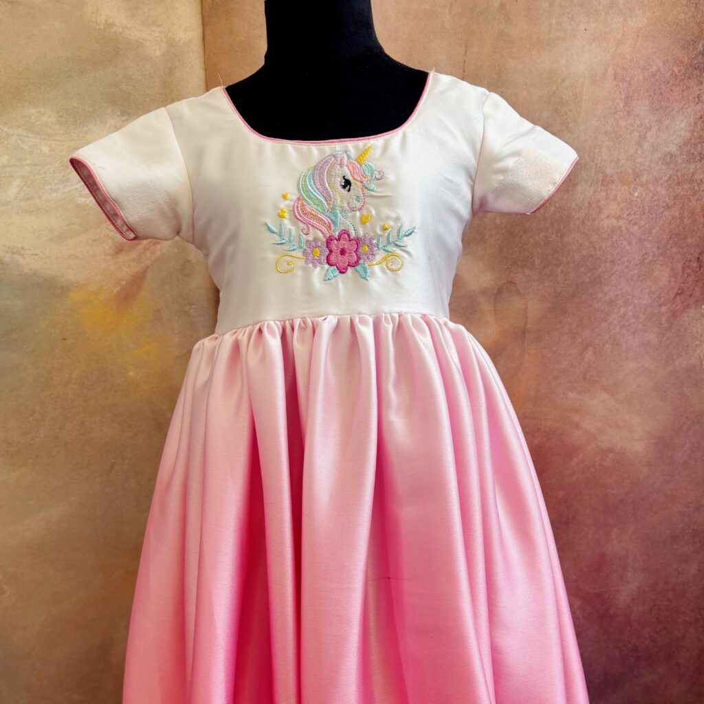 front view Arvi unicorn pink kids frock ready stock