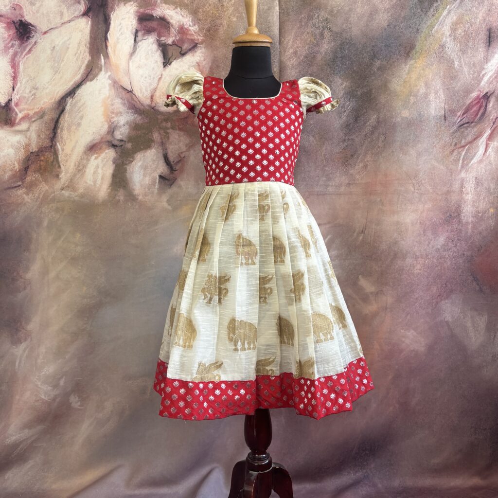 Arvi limited stock red yoke animal print kids frock immediate dispatch