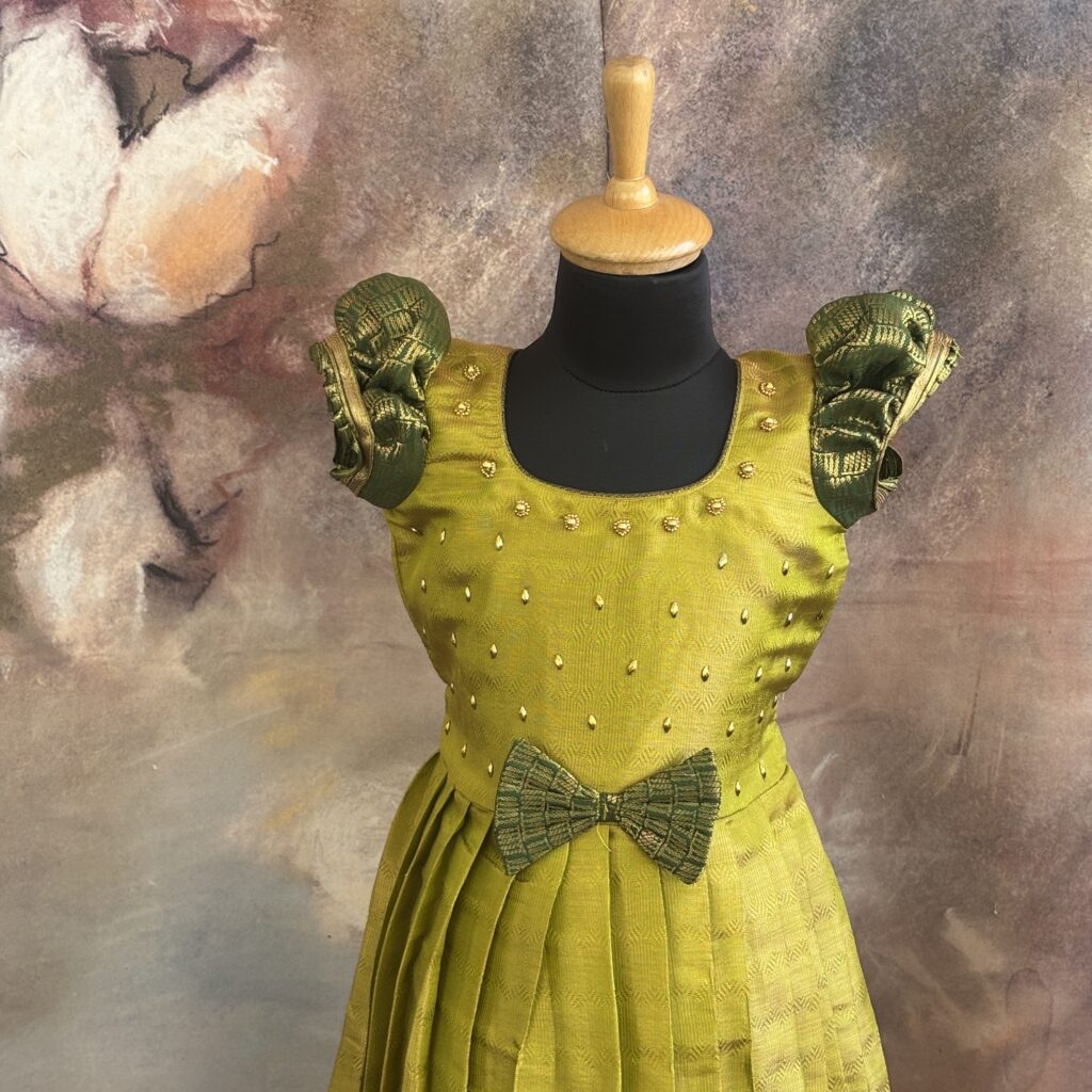 style shot Arvi mustard green kids frock ready stock