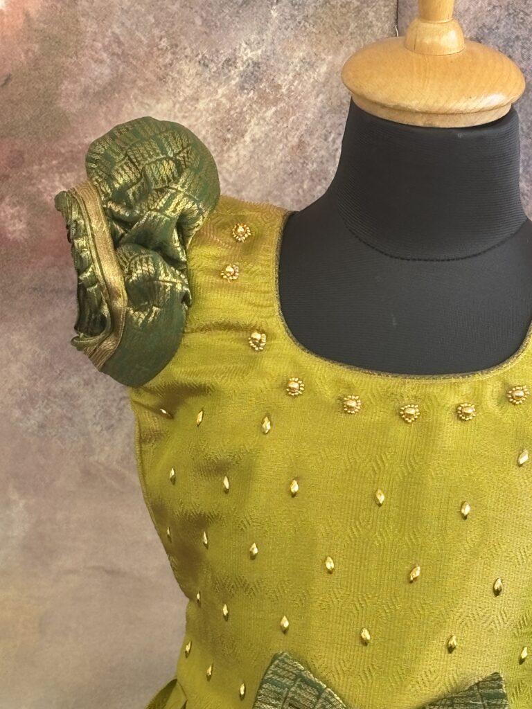 front view Arvi mustard green kids frock ready stock1