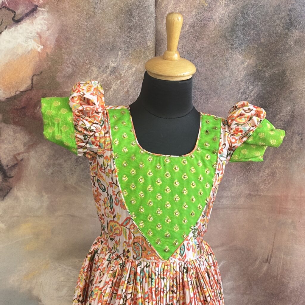 back view Arvi floral pleated green kids frock ready stock