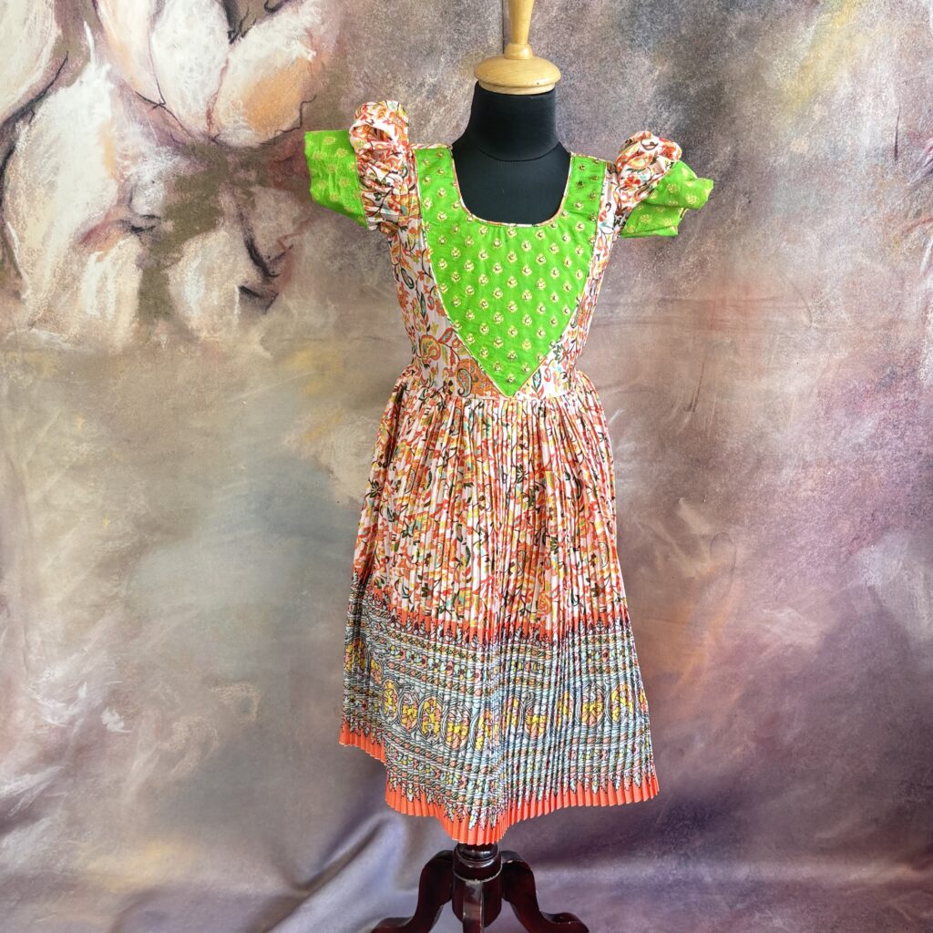 front view Arvi floral pleated green kids frock ready stock1