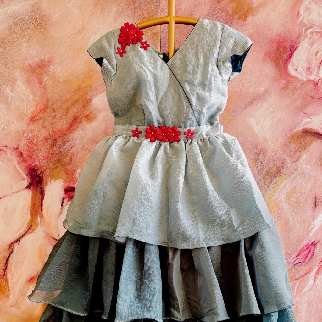 front view Arvi crushed blue layered kids frock ready stock