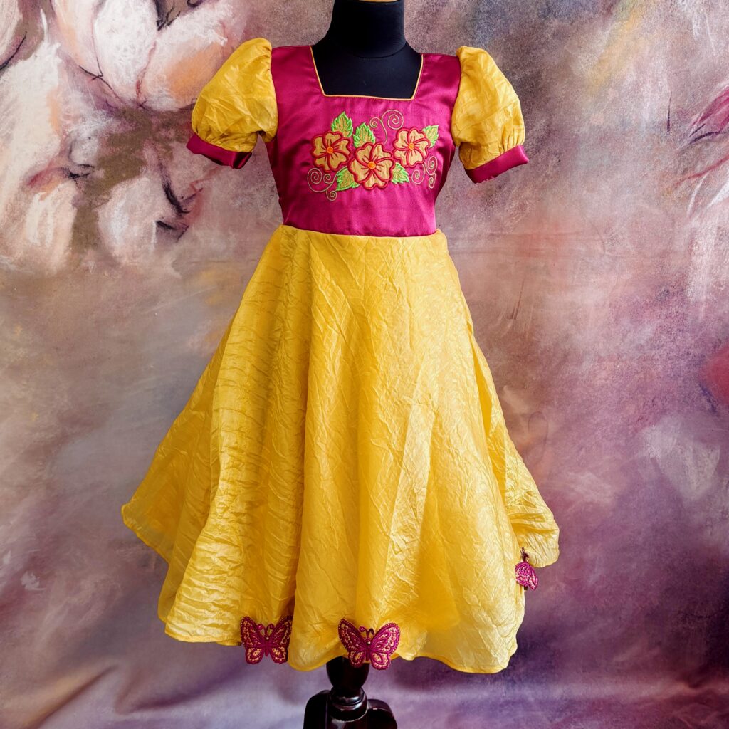Arvi limited stock yellow maroon floral kids frock immediate dispatch