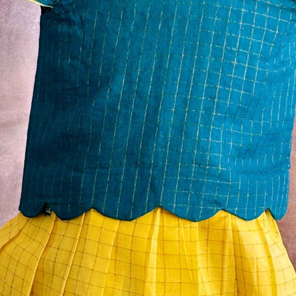 back view Arvi twilight teal and yellow kids frock ready stock