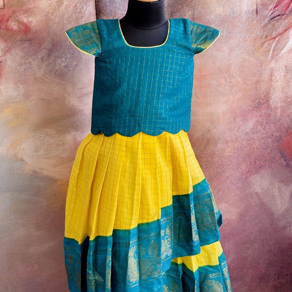 front view Arvi twilight teal and yellow kids frock