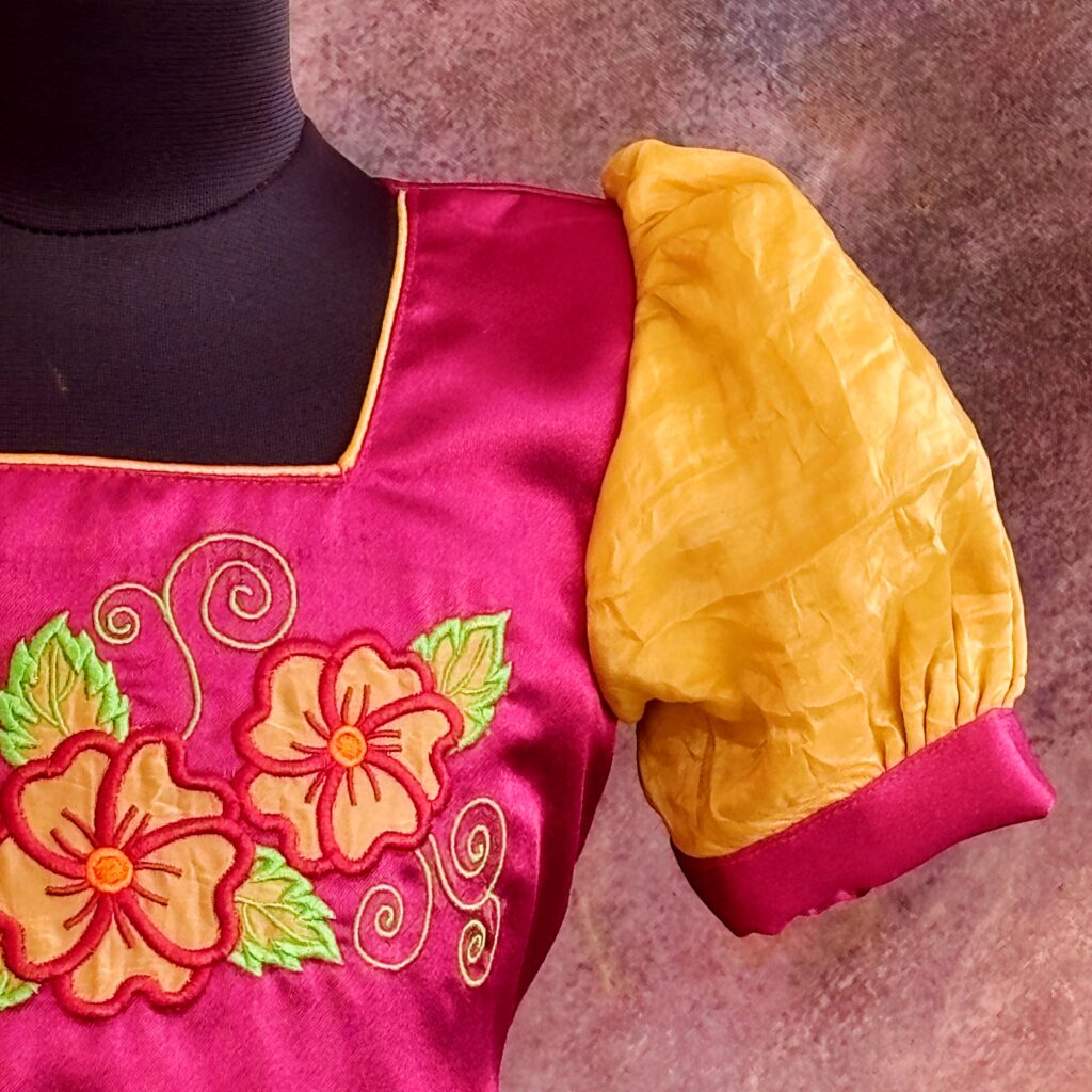 style shot Arvi yellow maroon floral kids frock ready stock