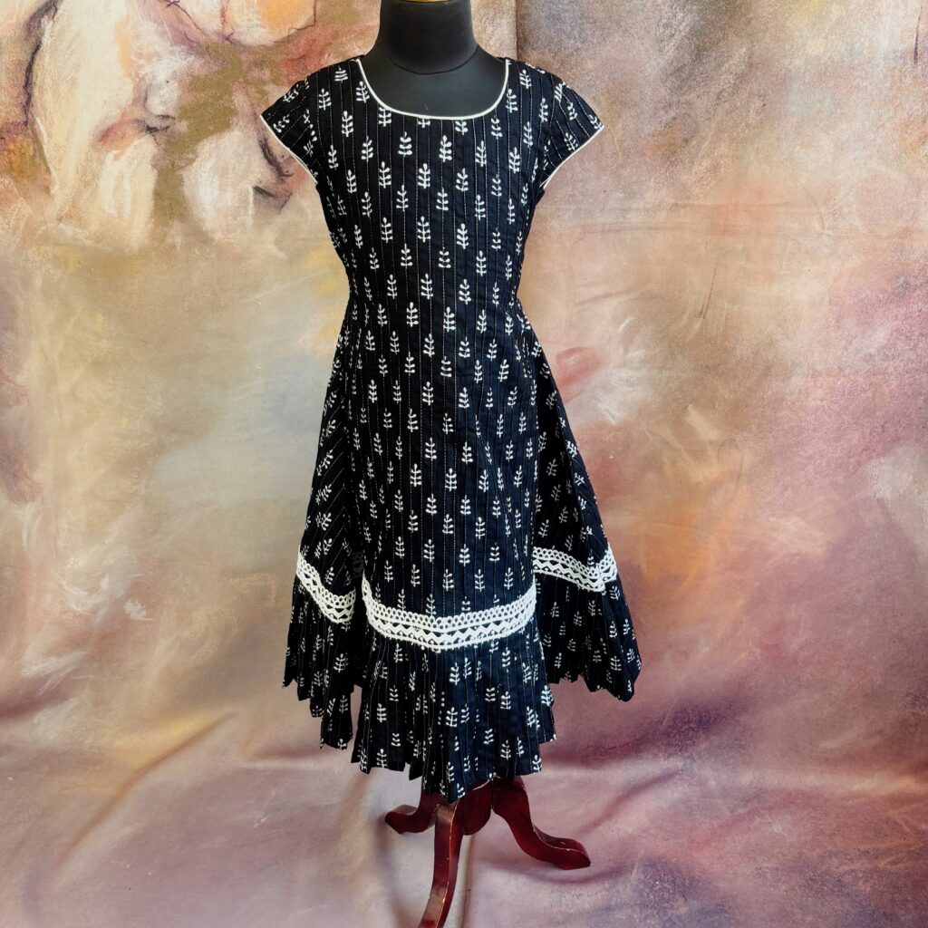 Midnight black A-line cotton frock for girls full view 1