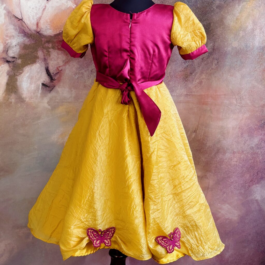 back view Arvi yellow maroon floral kids frock ready stock