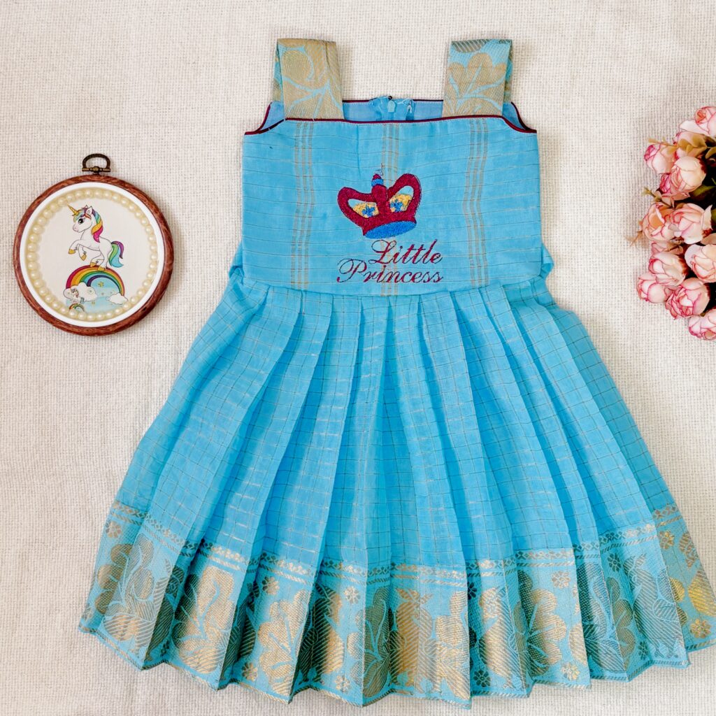 Sky blue Sungudi kids frock full front view