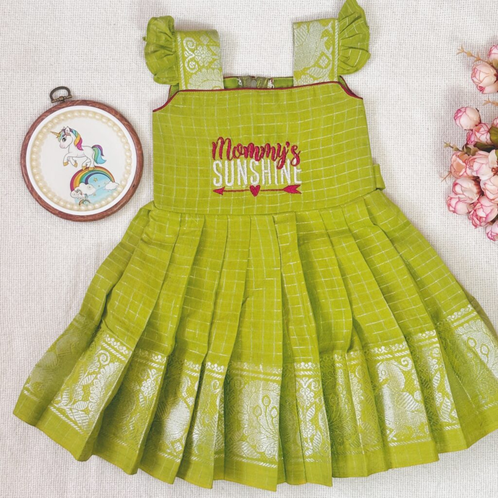 Sky blue Sungudi kids frock full front view