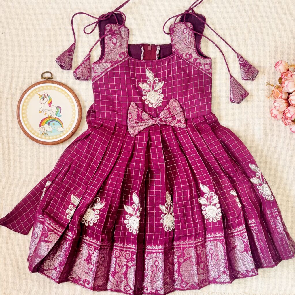 plum embroidered kids festive frock full front view 1