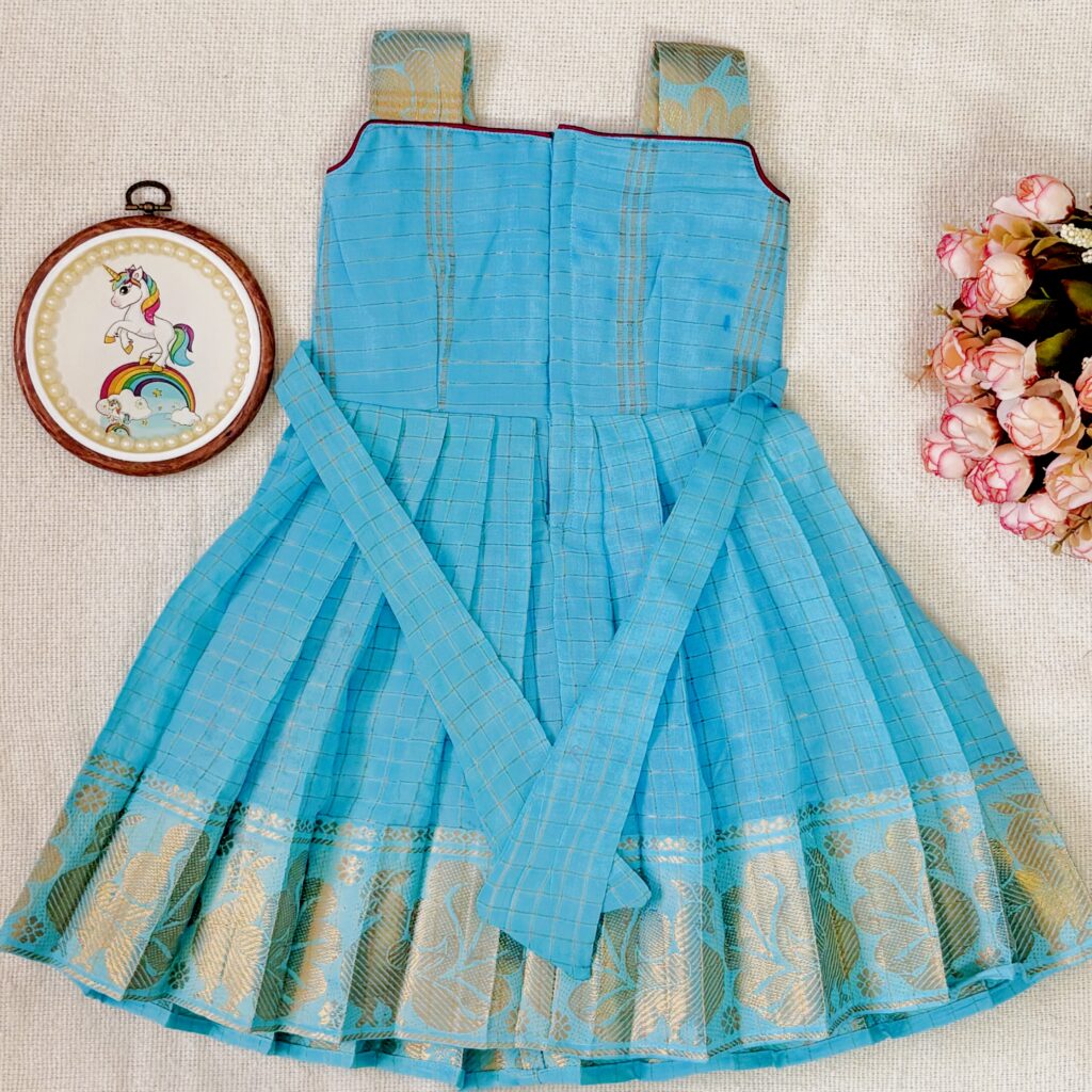 Sky blue Sungudi kids frock full back view