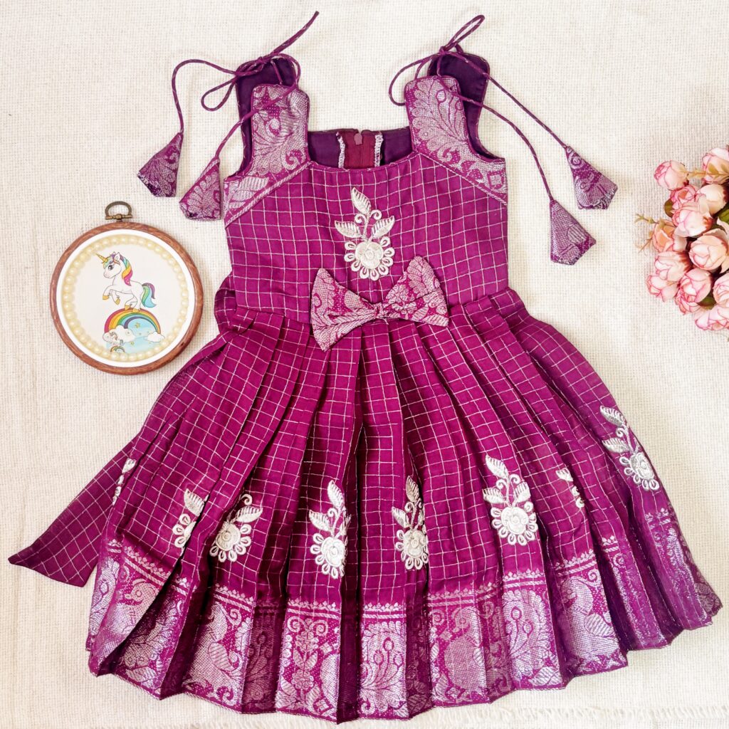 plum embroidered kids festive frock full front view
