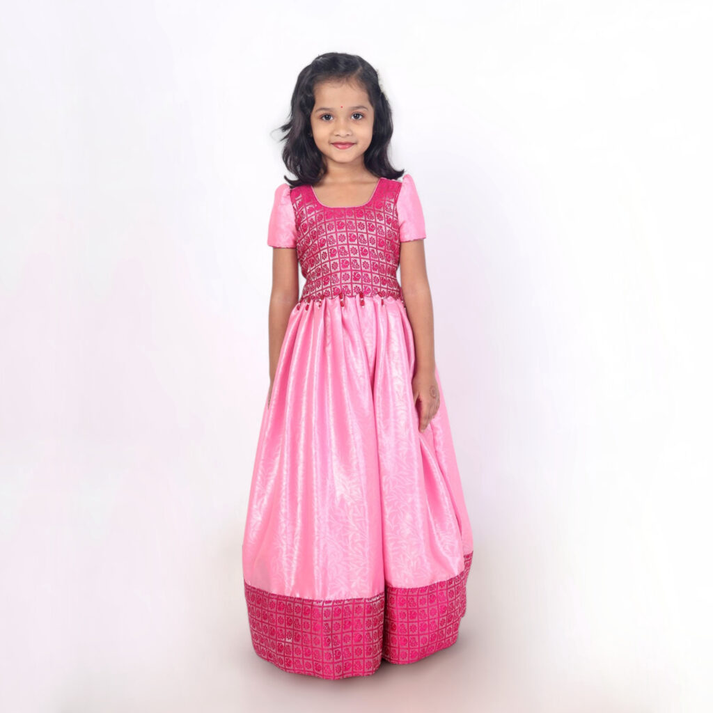 Full length girls pink festive long gown in crepe satin fabric