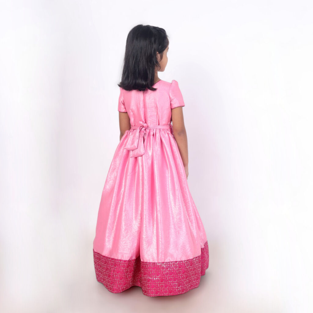 Back view of shiny pink crepe satin long gown ready stock for girls