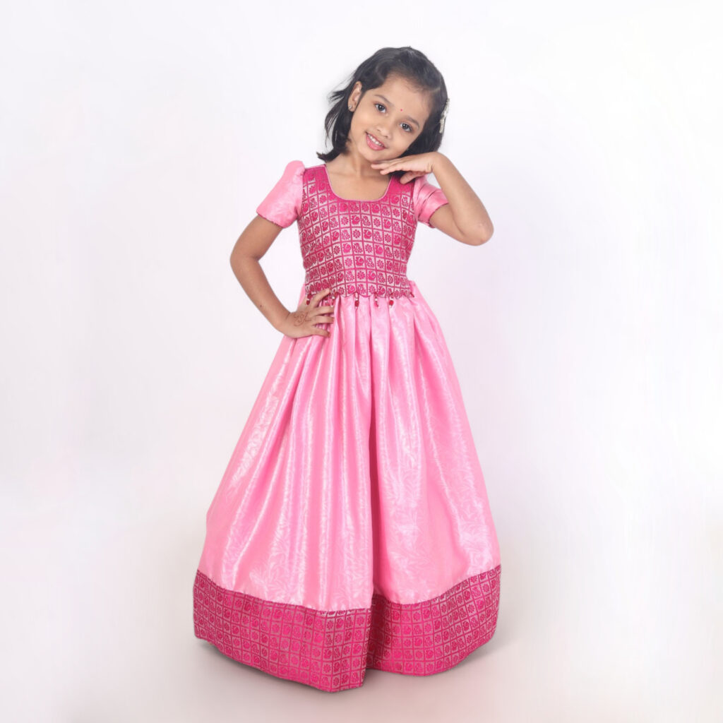 Yazh Nila girls pink long gown ready stock festive wear with gathered skirt