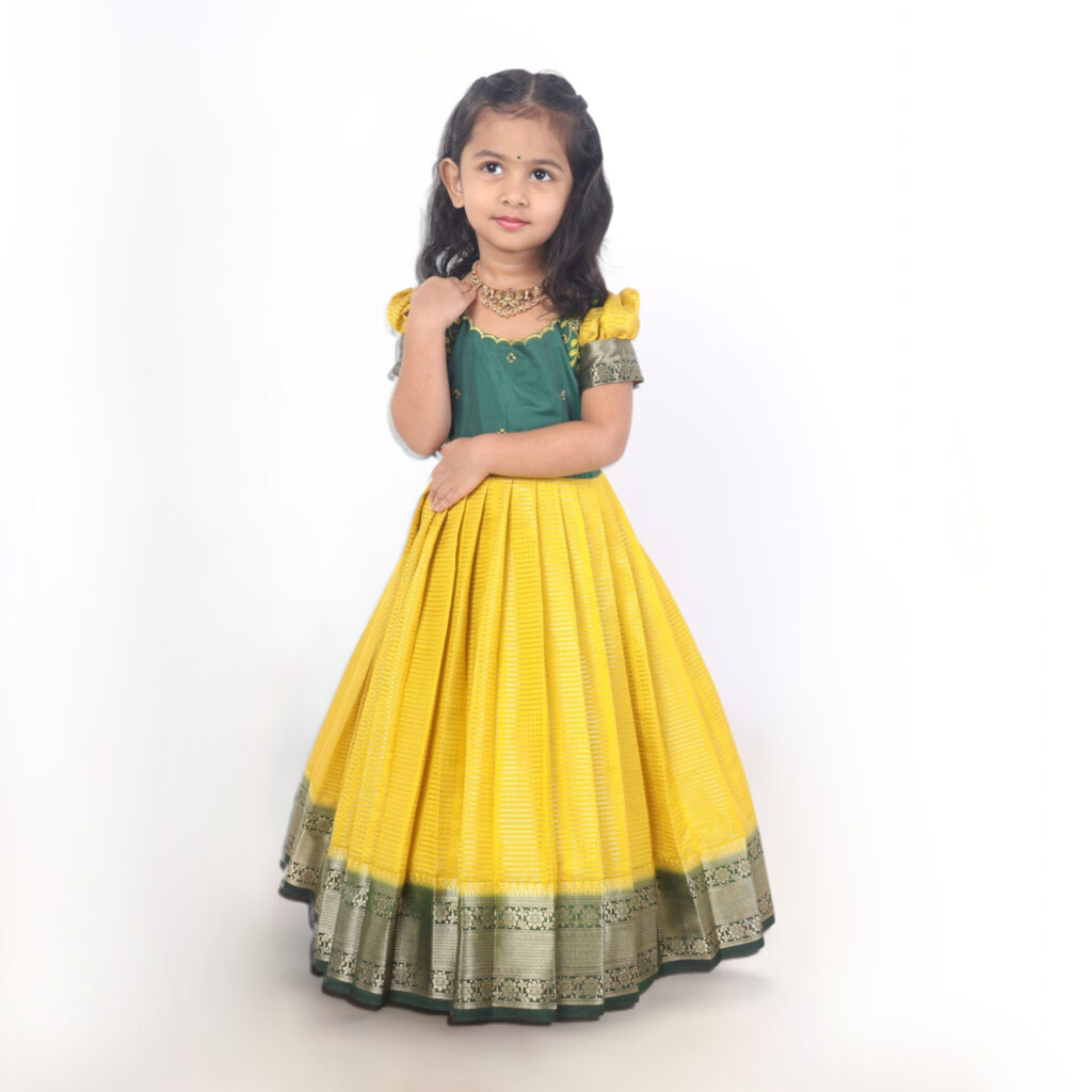 Girls festive long gown in mustard crepe silk